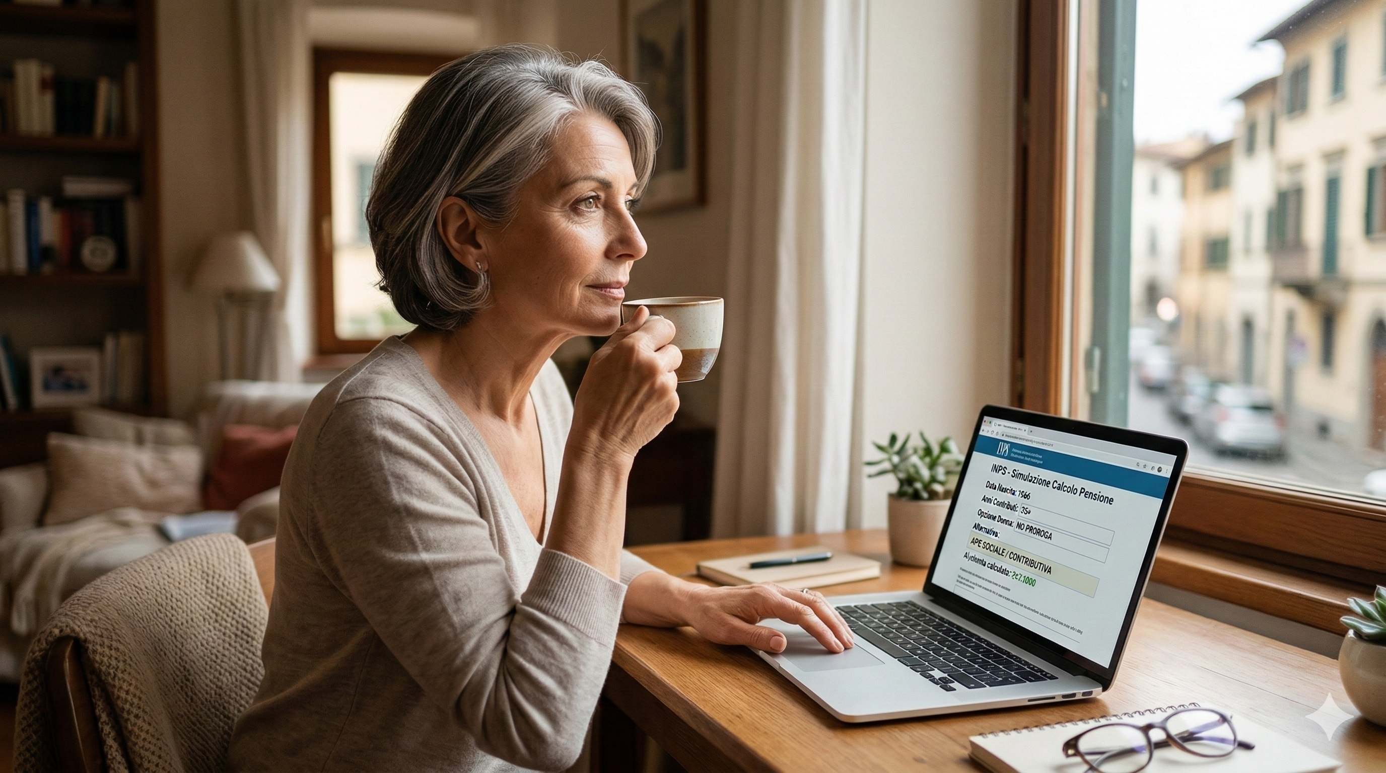 Una donna italiana di circa 60 anni, dall'aspetto curato, che sorseggia un caffè guardando fuori dalla finestra di casa sua con un'espressione di pacata determinazione, con un laptop aperto su una pagina di calcolo pensionistico.