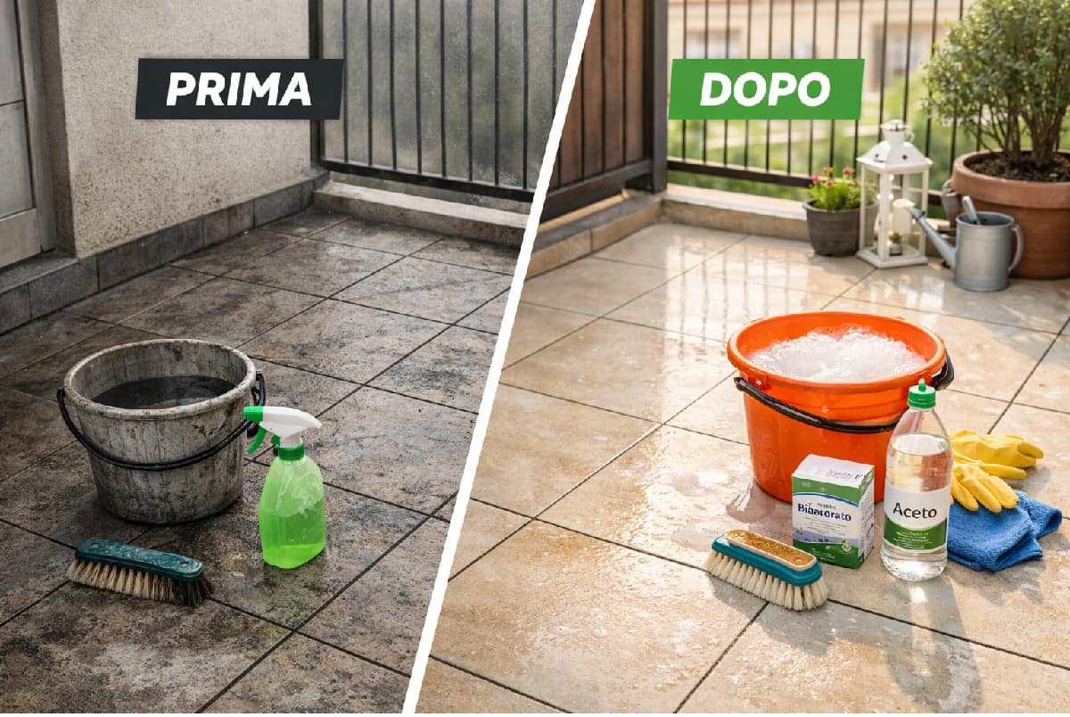 Pavimento del balcone annerito che torna pulito e luminoso dopo una semplice pulizia con prodotti economici