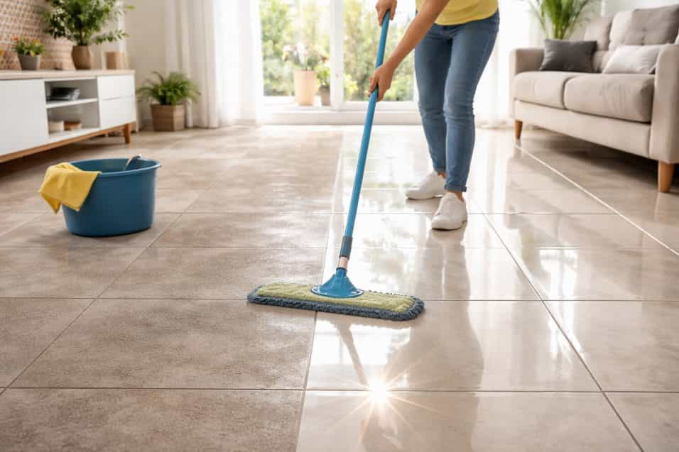 una donna che passa il mocio su un pavimento metà opaco e metà brillante come specchio, con la luce del sole che riflette sulla parte pulita creando contrasto evidente