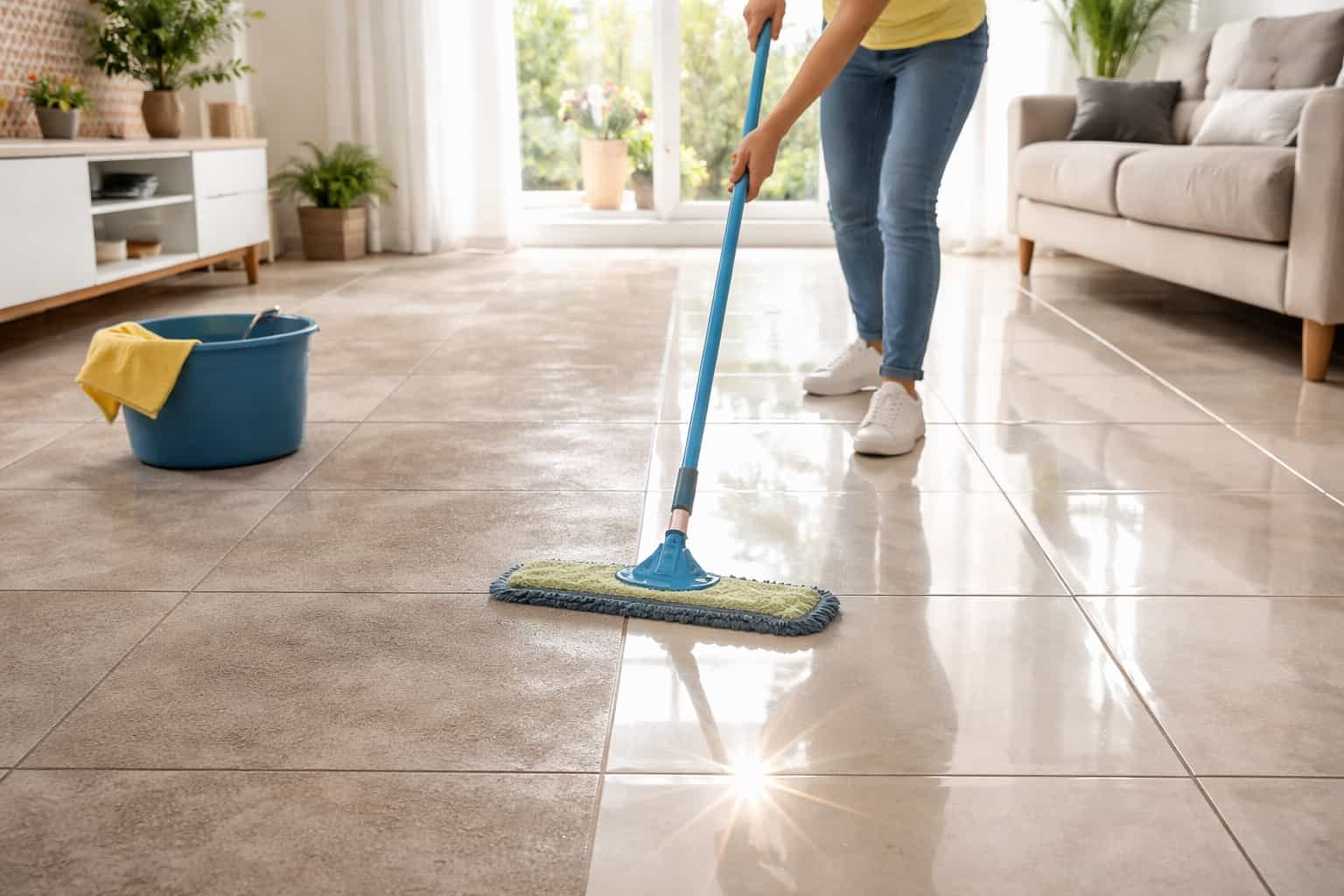 una donna che passa il mocio su un pavimento metà opaco e metà brillante come specchio, con la luce del sole che riflette sulla parte pulita creando contrasto evidente