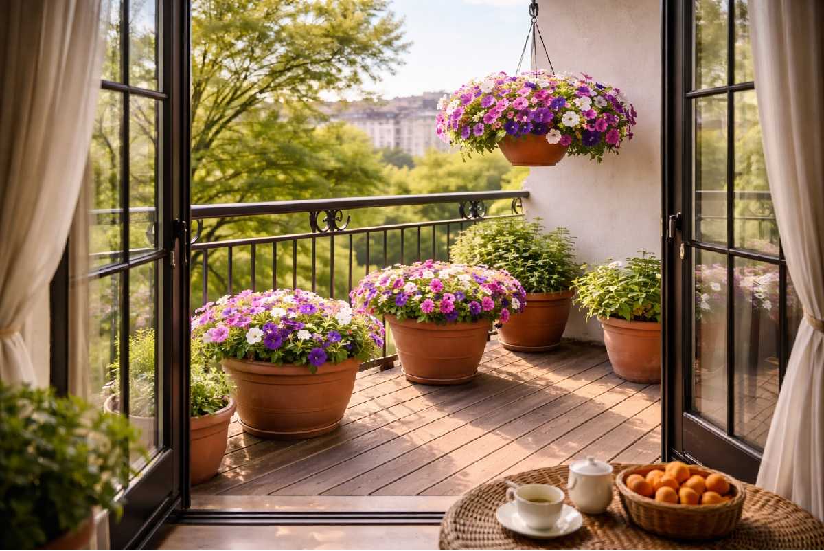 Balcone elegante con petunie in vaso che fioriscono dalla primavera fino all’estate, ideale per avere spazi esterni sempre colorati.