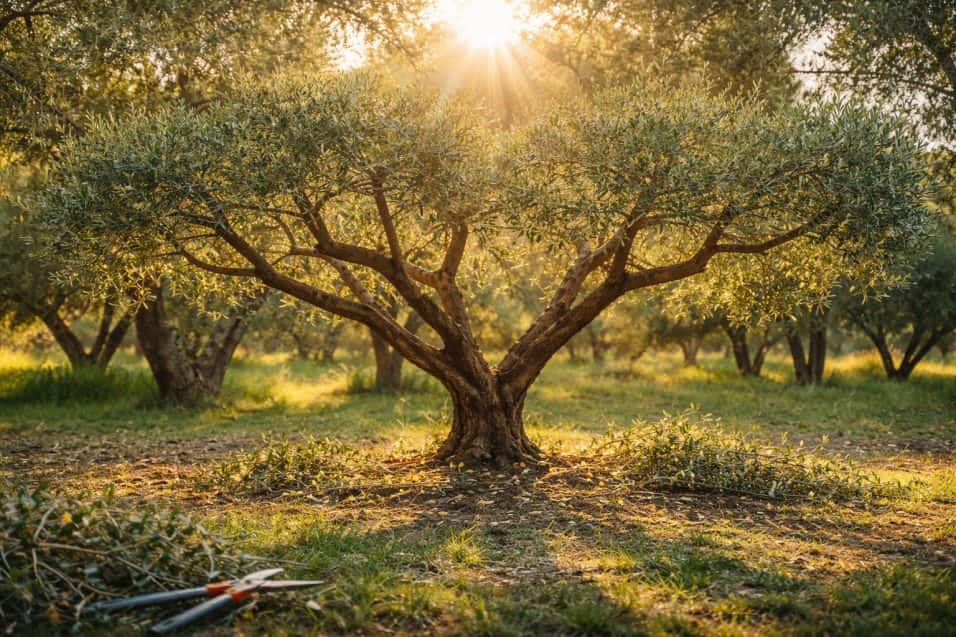 Olivo potato a marzo con chioma bassa e aperta, rami ben distribuiti e luce che penetra all’interno della pianta