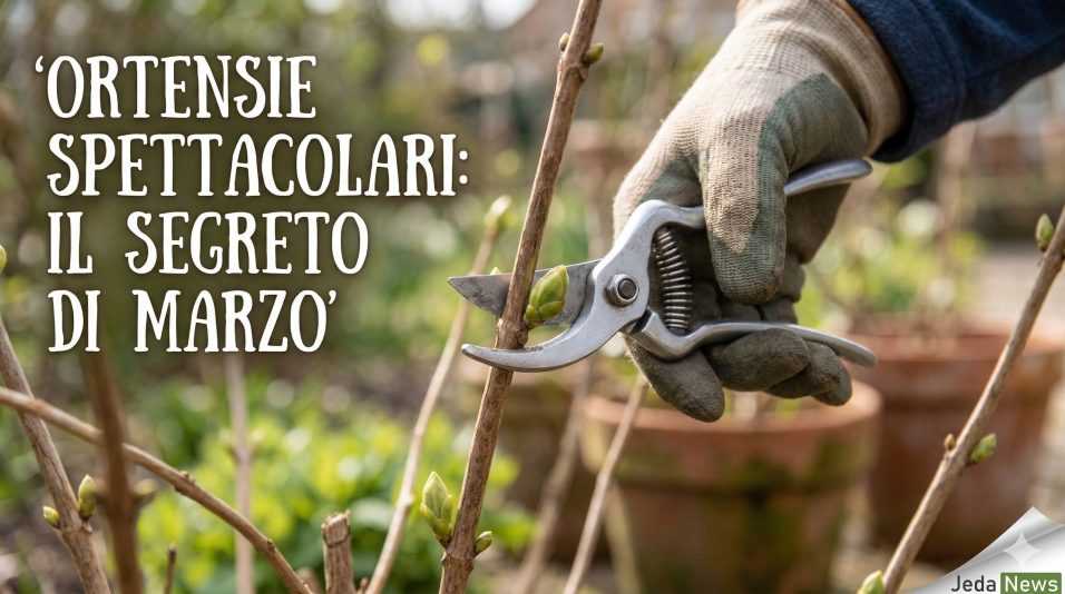 Mani guantate che usano forbici da giardinaggio per potare un ramo di ortensia con gemme gonfie a fine marzo