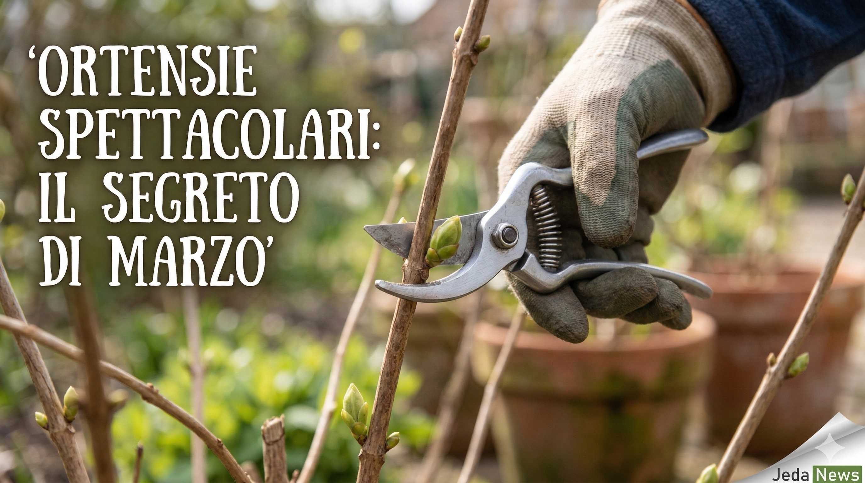 Mani guantate che usano forbici da giardinaggio per potare un ramo di ortensia con gemme gonfie a fine marzo