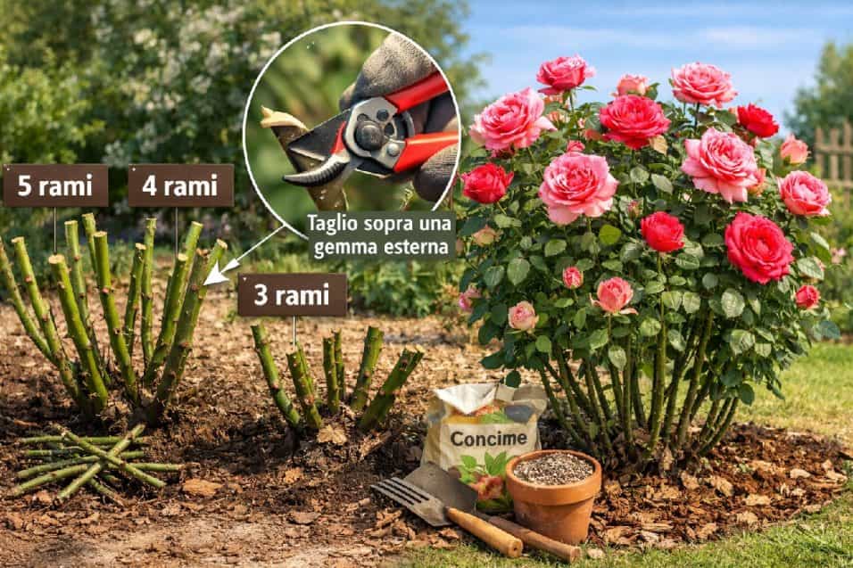 Potatura rose a marzo con metodo 5-4-3 per ottenere fiori grandi e rigogliosi a giugno