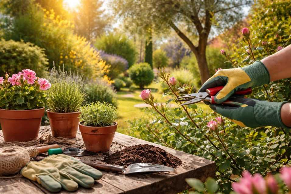 Potatura delle rose e rinvaso di piante in giardino a marzo con attrezzi e terriccio pronti per la stagione primaverile.