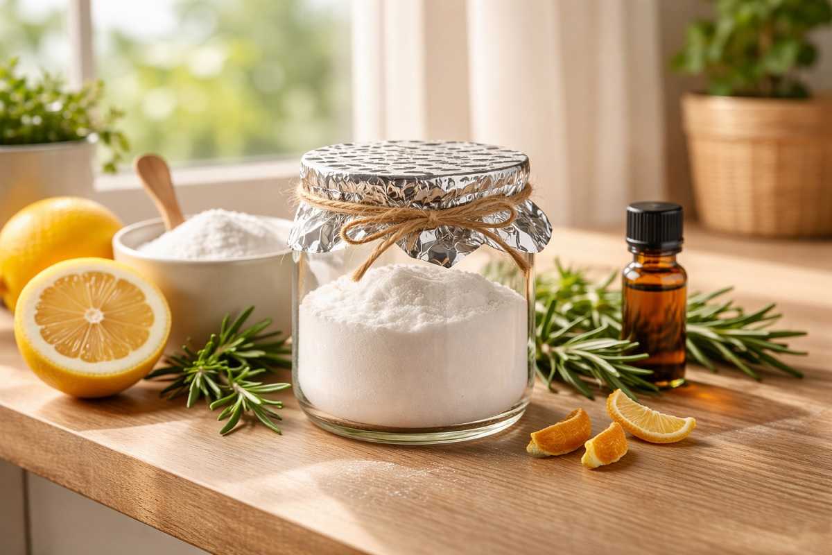 Profumatore naturale fai da te con bicarbonato e oli essenziali per profumare tutta la casa spendendo pochissimo.