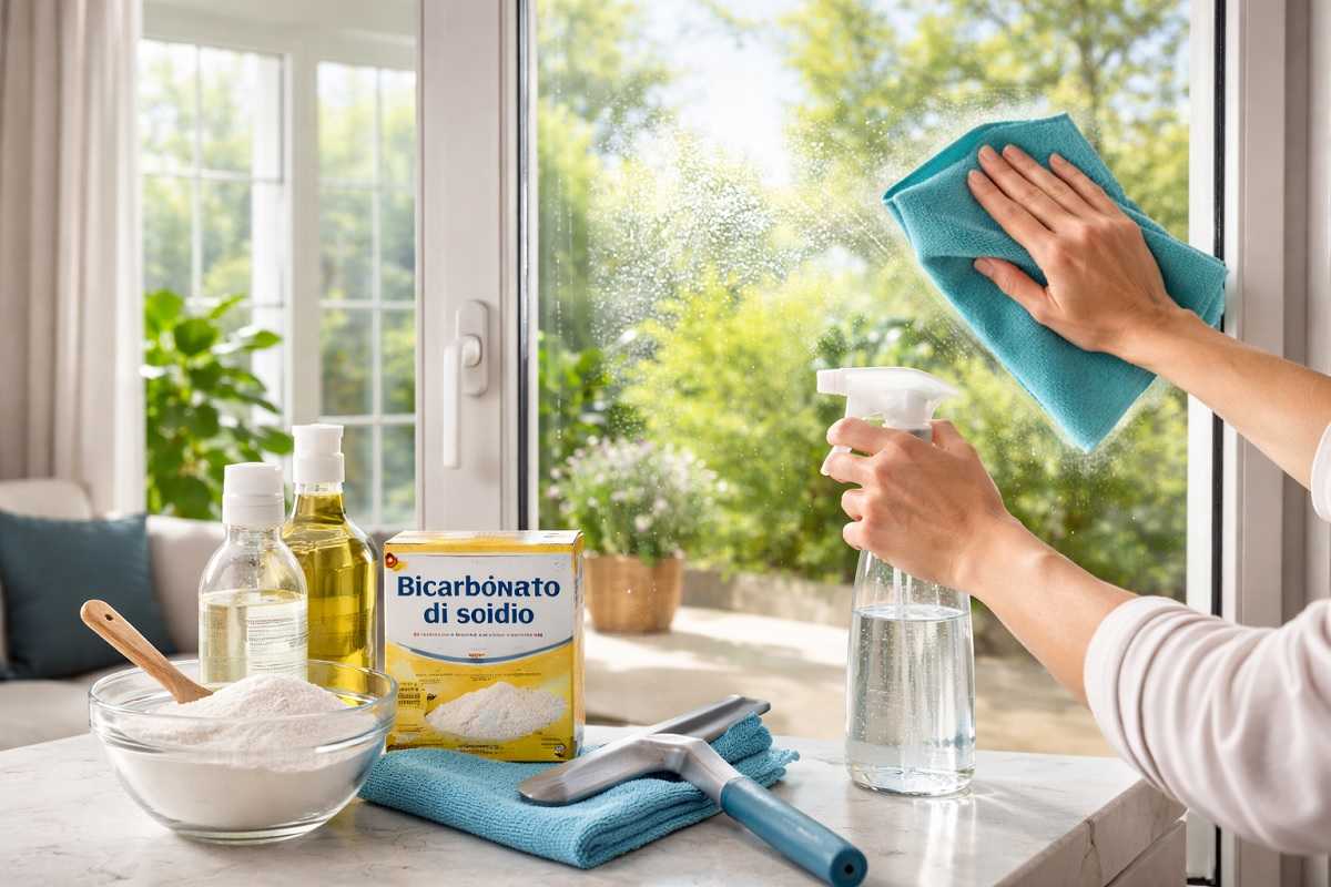 Pulizia dei vetri con bicarbonato diluito e panno in microfibra per ottenere finestre brillanti e senza aloni con un rimedio naturale.