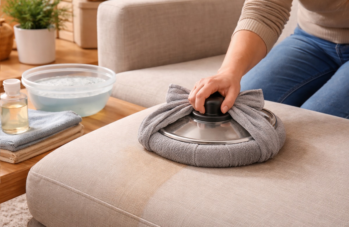 Metodo semplice con coperchio e panno per pulire il divano in profondità e rimuovere macchie e aloni in pochi minuti