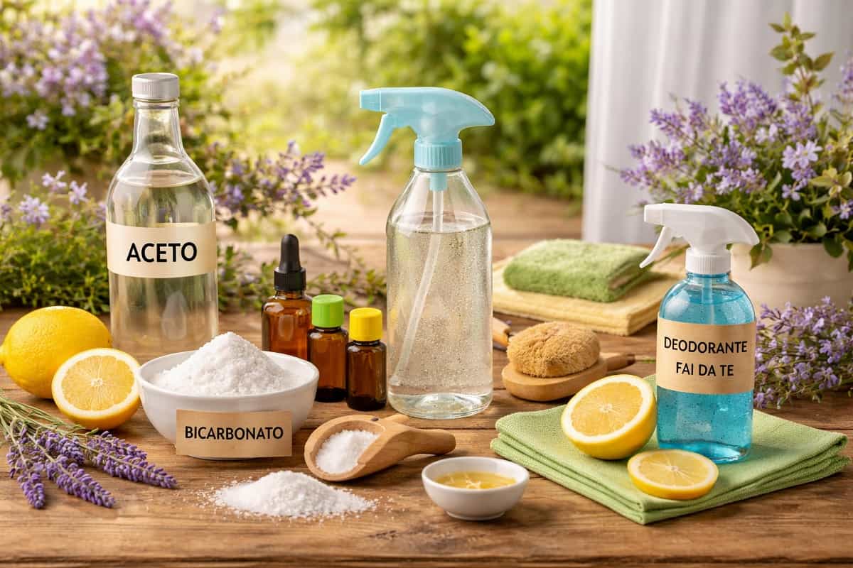 Ingredienti naturali economici per pulizie di primavera efficaci, con aceto, bicarbonato e limone per igienizzare tutta la casa senza spendere troppo