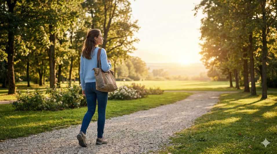 Una giovane donna che cammina in un parco soleggiato verso l'orizzonte, portando una borsa e guardando avanti con determinazione e speranza