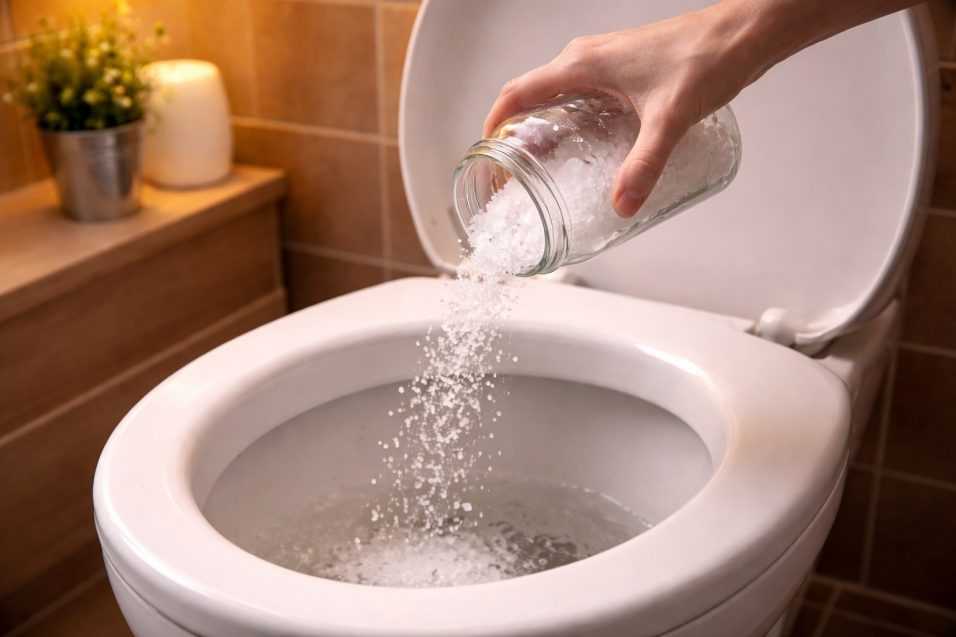 una mano che versa sale grosso in un wc bianco, con luce calda serale nel bagno