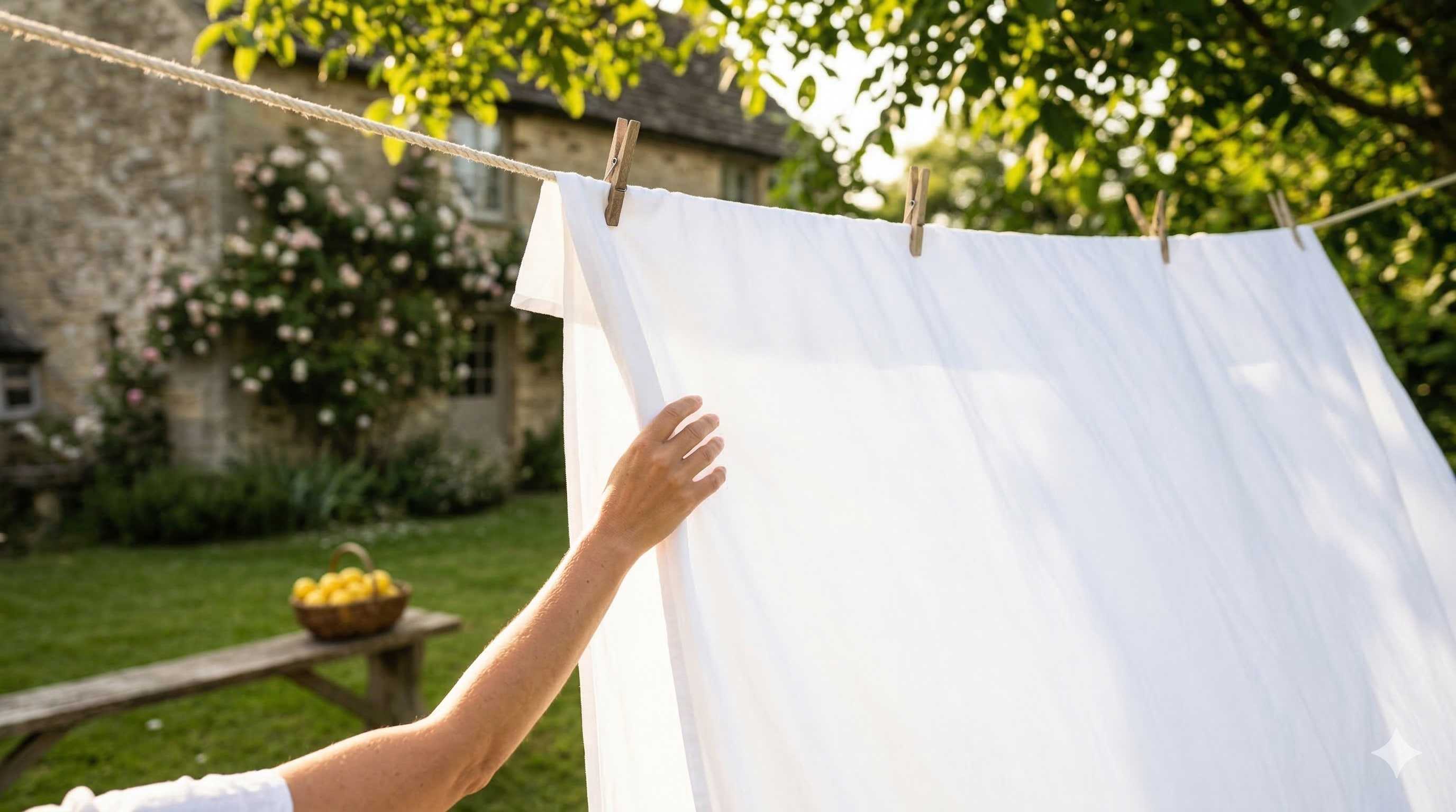 Lenzuola di cotone bianco stese al sole su un filo per il bucato, con un cesto di vimini e limoni freschi accanto in un giardino soleggiato.