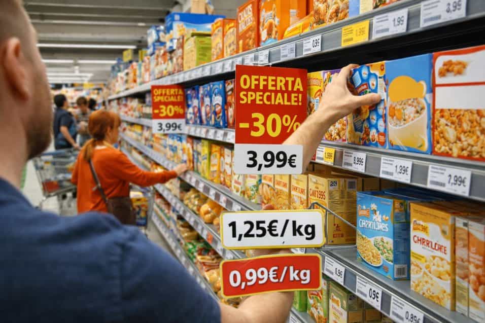 Corsia del supermercato con prodotti all’altezza degli occhi più costosi e alternative economiche sugli scaffali bassi: la strategia che spinge i clienti a spendere di più.