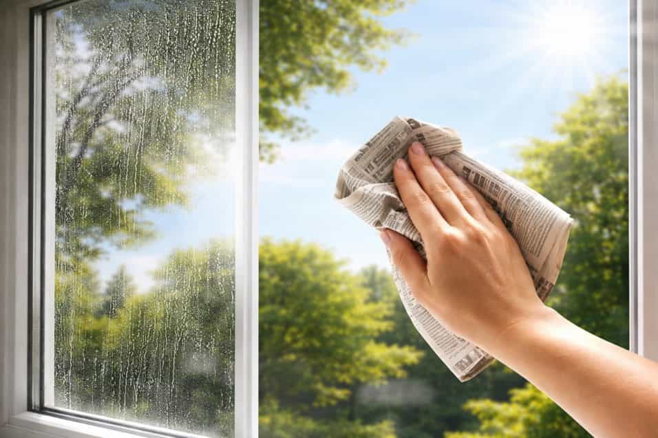 vetro di finestra pulito senza aloni con luce del sole e mano che usa foglio di giornale