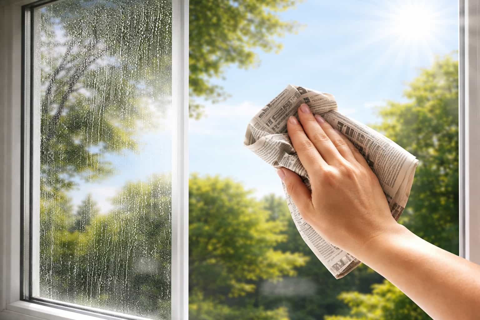 vetro di finestra pulito senza aloni con luce del sole e mano che usa foglio di giornale