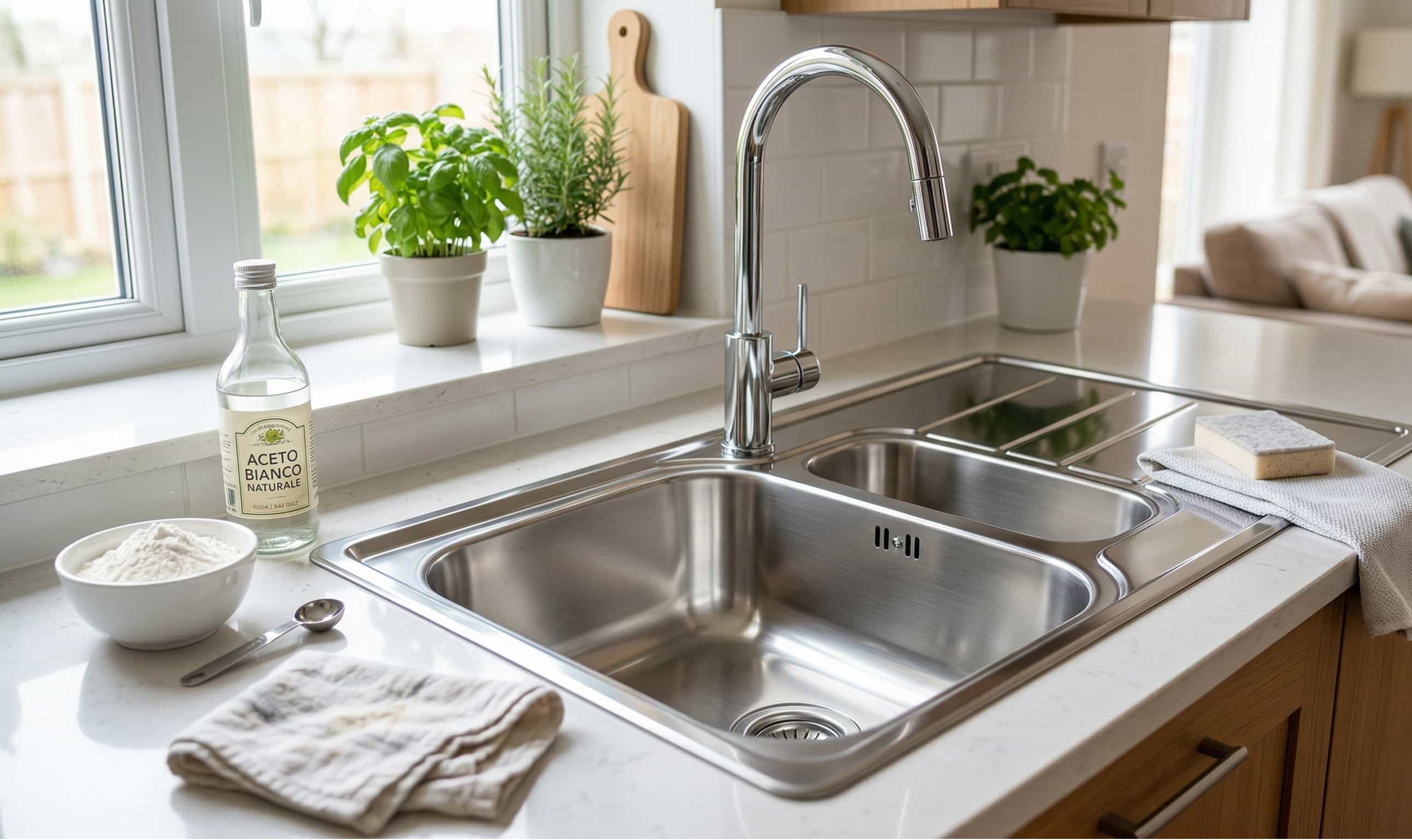 Un lavandino in acciaio inox perfettamente lucido e riflettente, pulito con il metodo naturale di aceto e farina, senza aloni né graffi.