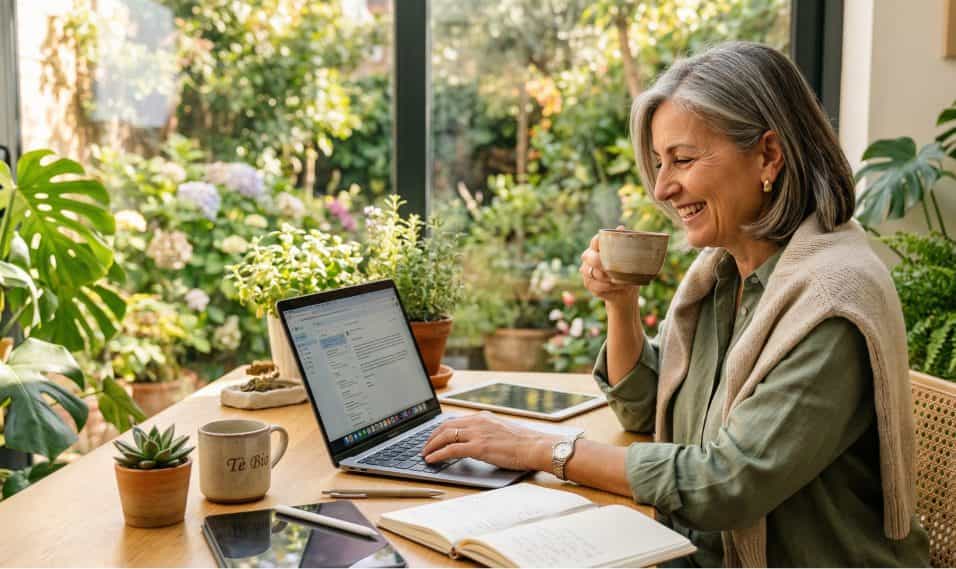 una donna over 50 radiosa, vestita in modo elegante ma informale, mentre sorseggia un tè o lavora al computer in un ufficio moderno o in un giardino
