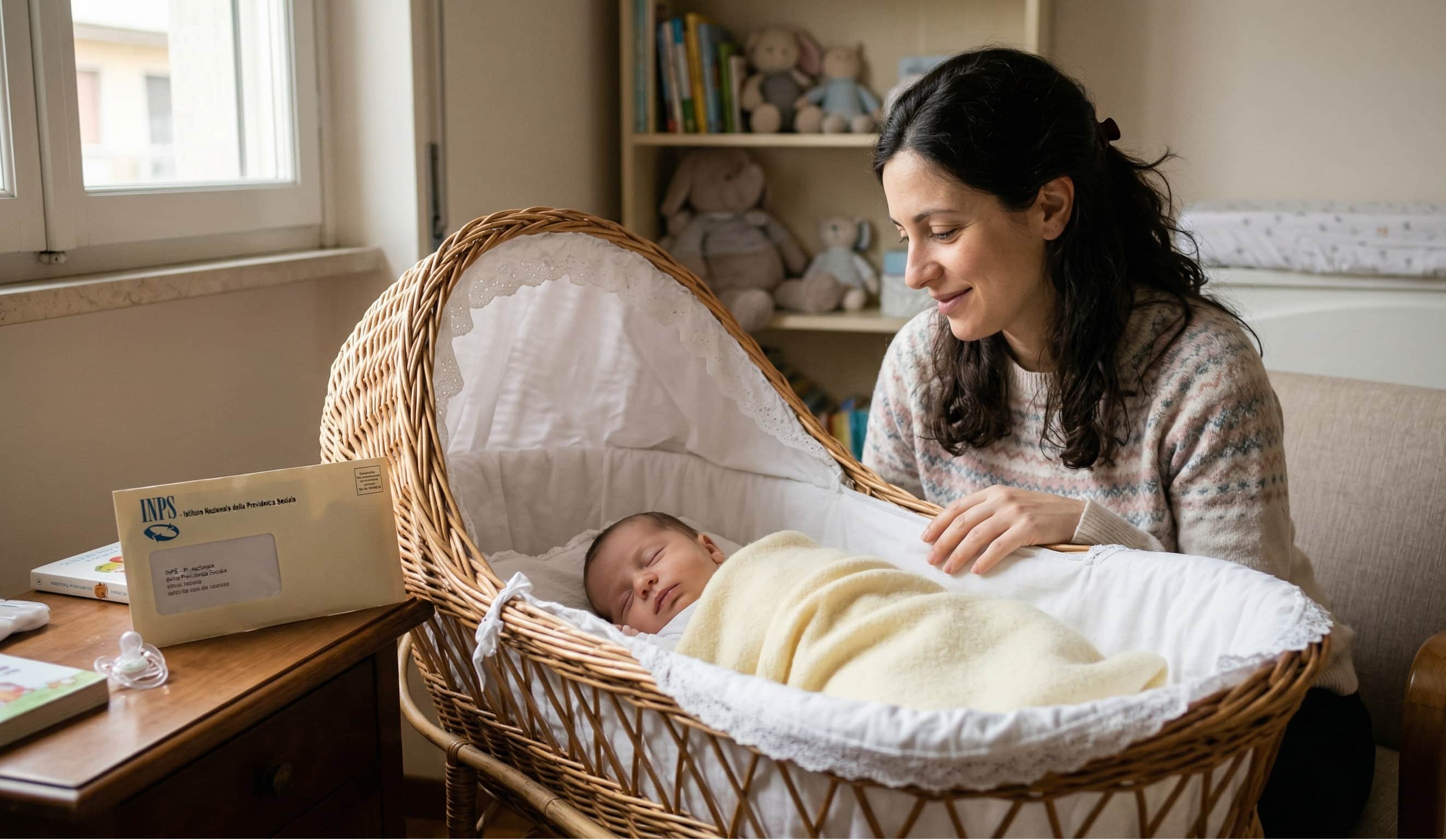 una mamma che guarda con amore il suo bambino nella culla, con una busta ufficiale dell'Inps