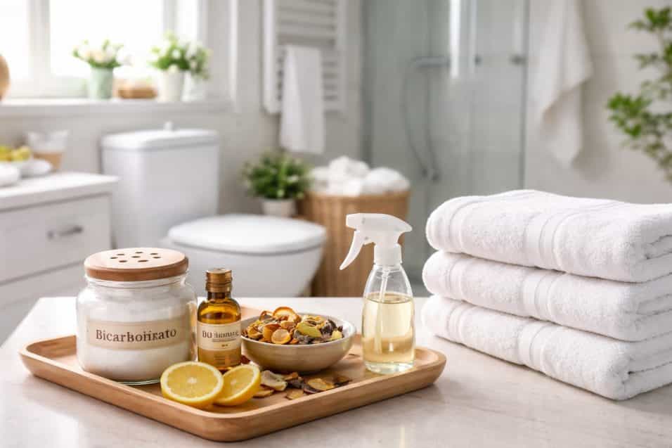 Bagno sempre fresco e profumato grazie a pulizia quotidiana, asciugamani sempre asciutti e deodorante naturale fai da te che elimina gli odori alla fonte e mantiene un ambiente pulito e accogliente.