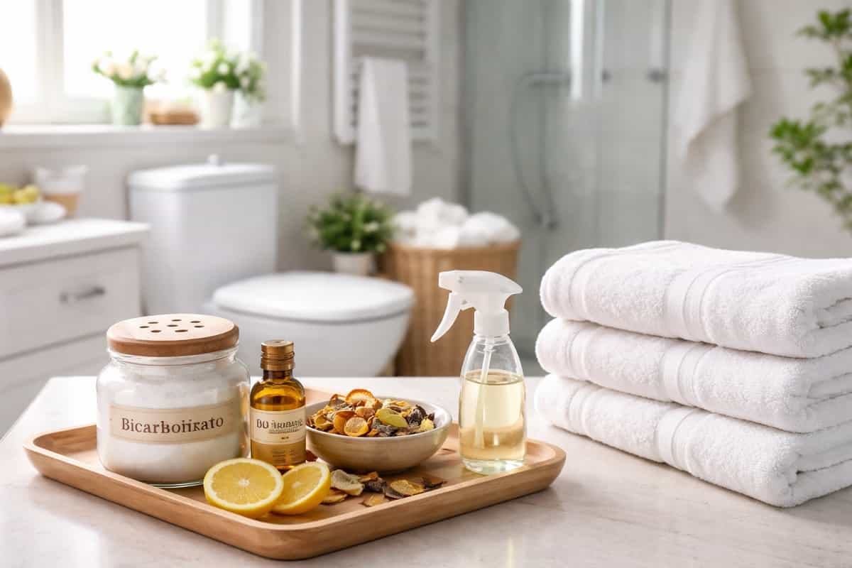 Bagno sempre fresco e profumato grazie a pulizia quotidiana, asciugamani sempre asciutti e deodorante naturale fai da te che elimina gli odori alla fonte e mantiene un ambiente pulito e accogliente.