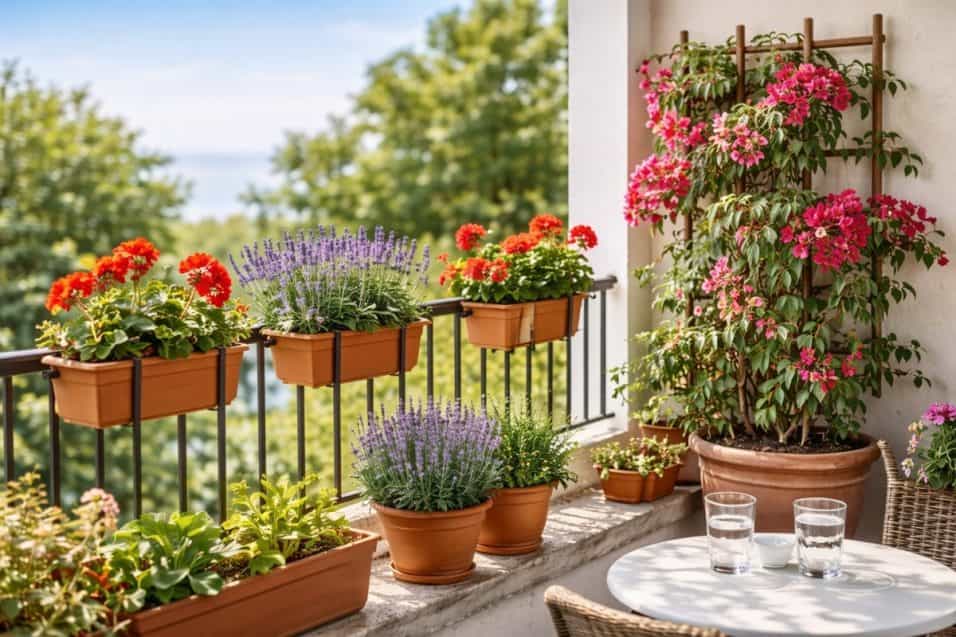 Balcone soleggiato con gerani sulla ringhiera, vasi di lavanda e una bouganville rampicante in vaso grande, ideale per il pieno sole estivo