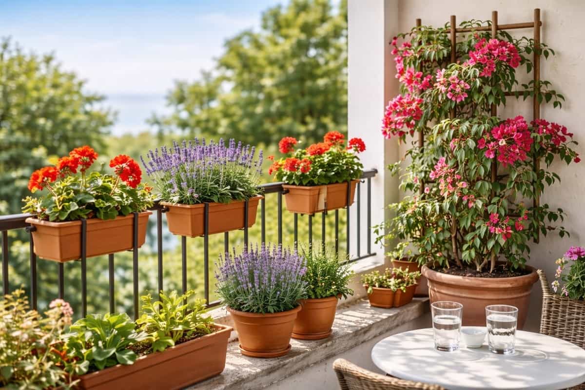 Balcone soleggiato con gerani sulla ringhiera, vasi di lavanda e una bouganville rampicante in vaso grande, ideale per il pieno sole estivo