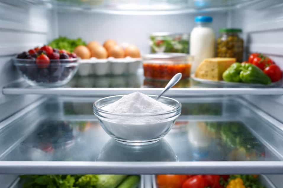 Ciotola di bicarbonato nel frigorifero pulito per assorbire i cattivi odori e mantenere l’ambiente fresco e senza puzza