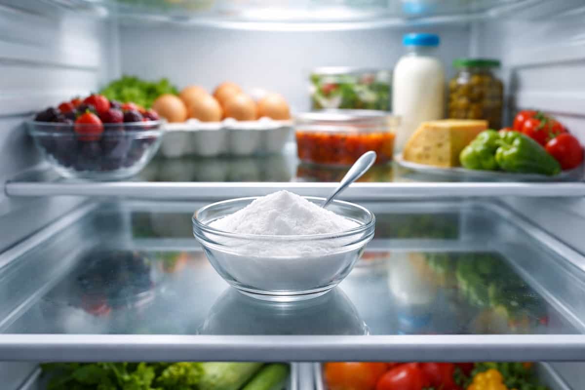 Ciotola di bicarbonato nel frigorifero pulito per assorbire i cattivi odori e mantenere l’ambiente fresco e senza puzza