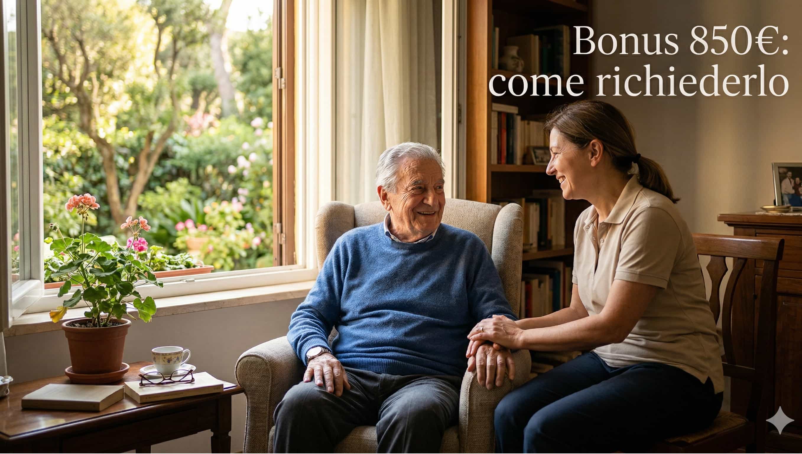 un anziano e una persona che lo assiste seduti vicino a una finestra