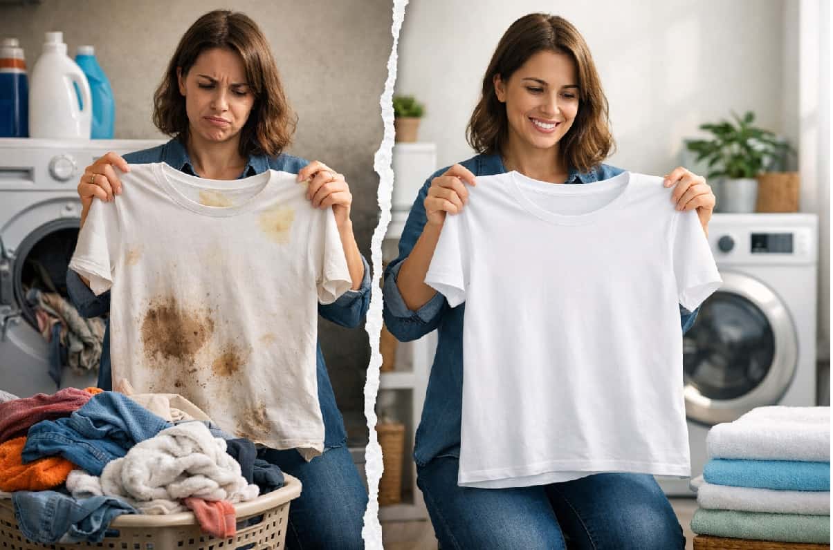 bucato sporco che esce dalla lavatrice con macchie visibili e confronto con capi perfettamente puliti