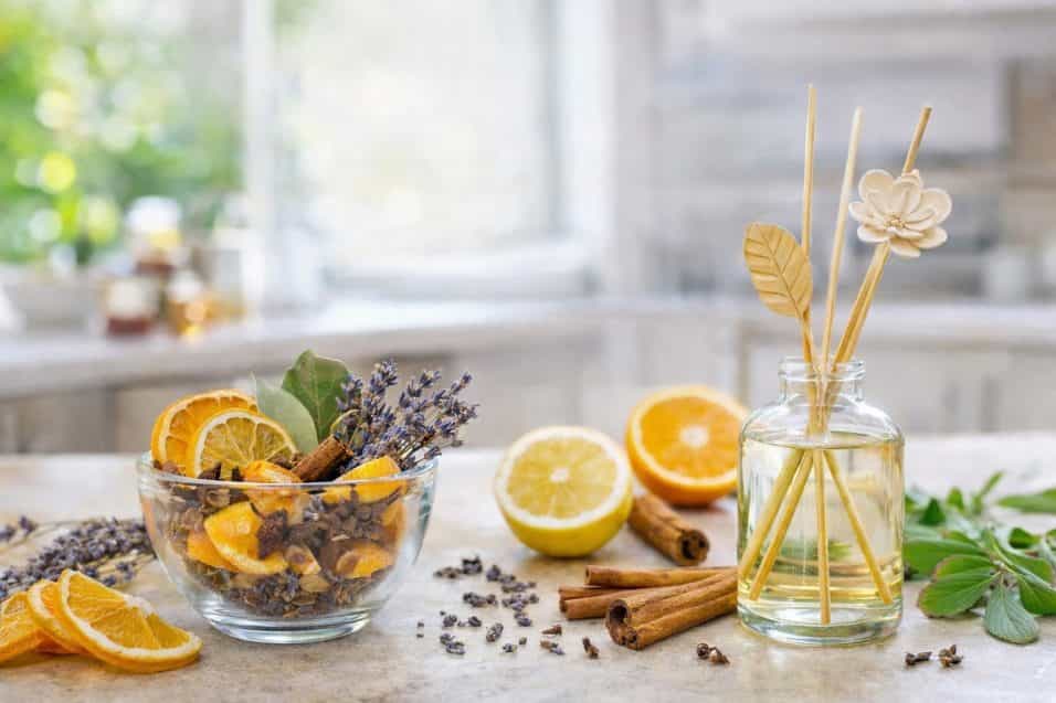 Diffusore naturale fai da te con agrumi, erbe essiccate e bastoncini in legno per profumare la casa in modo eco bio.