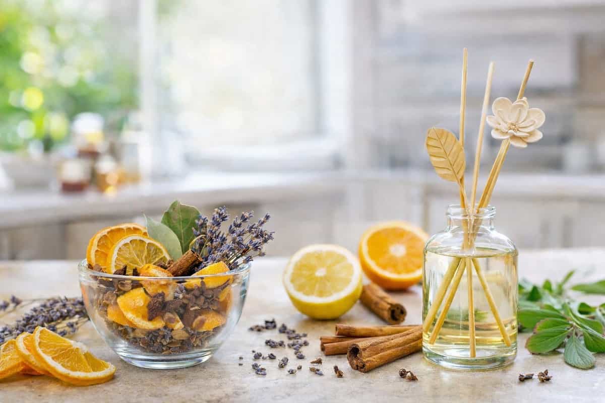 Diffusore naturale fai da te con agrumi, erbe essiccate e bastoncini in legno per profumare la casa in modo eco bio.