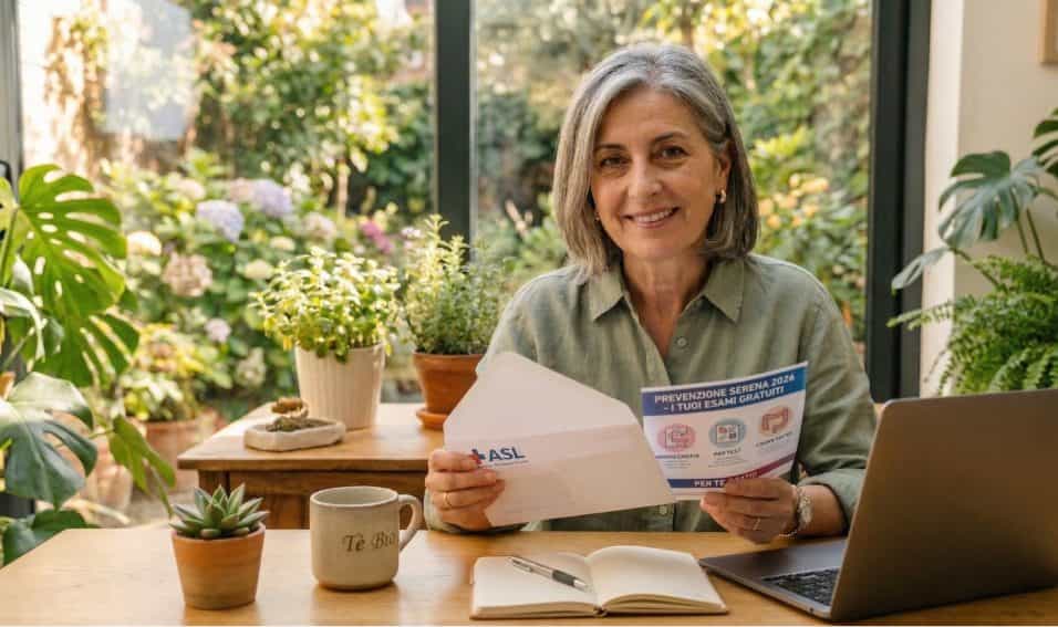 una donna serena e sollevata, magari con un leggero sorriso, che stringe tra le mani una busta (la lettera di invito allo screening) o una brochures informativa della ASL