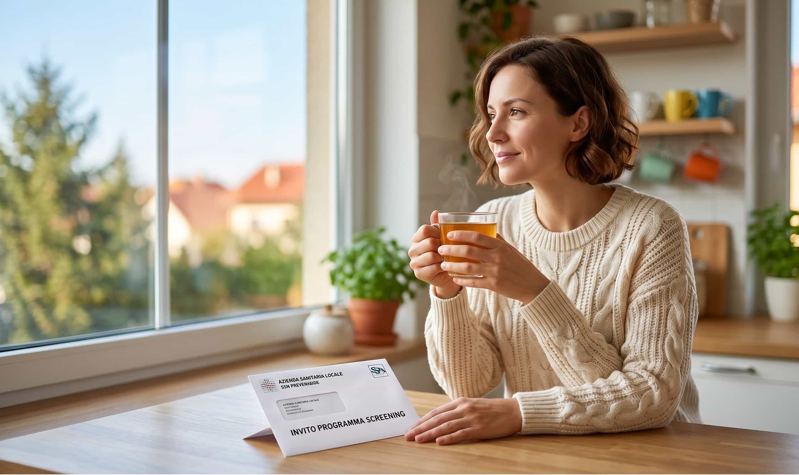 una donna serena che beve un tè guardando fuori dalla finestra, con una busta della ASL appoggiata sul tavolo