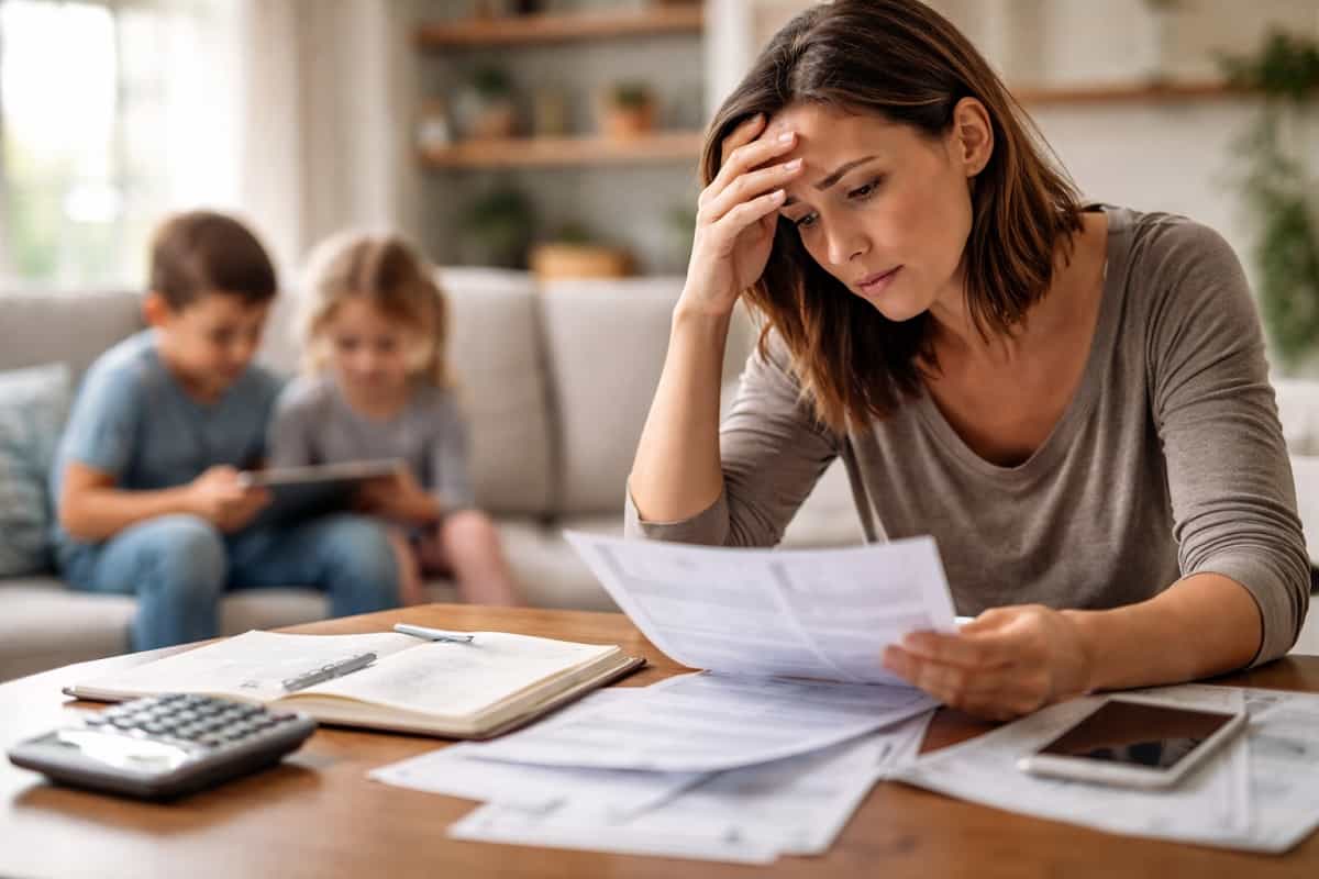 Genitore preoccupato con figli in casa mentre controlla documenti di mantenimento non pagato, situazione familiare delicata
