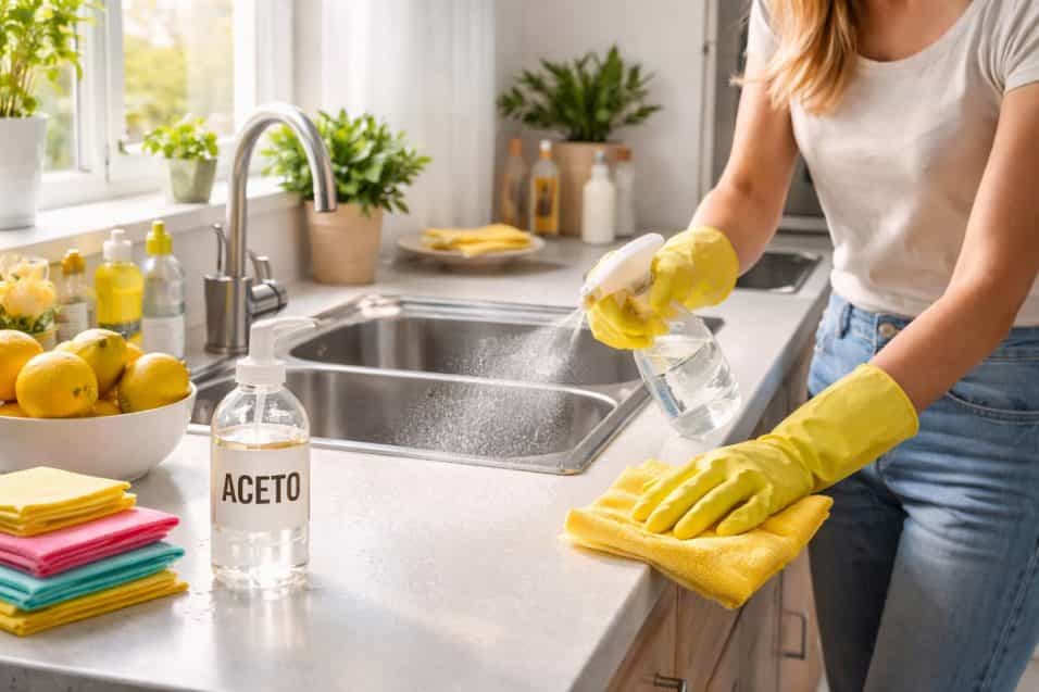 Pulizia naturale della casa con aceto bianco su superfici bagno e cucina senza prodotti chimici