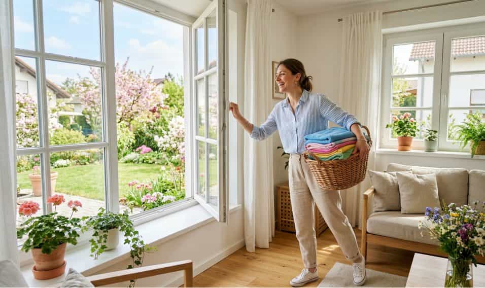 Donna sorridente che apre le finestre di una casa luminosa e pulita, con un cesto di panni colorati in mano.