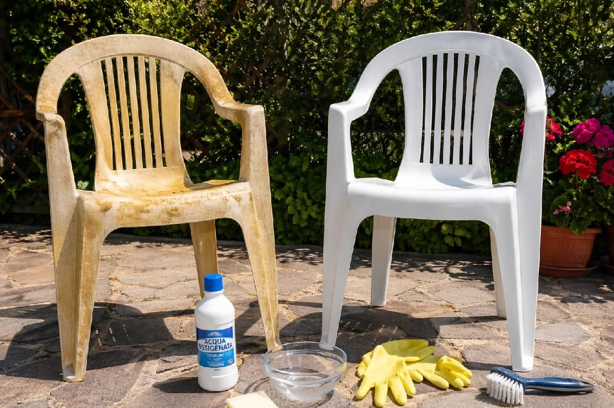 copri come sbiancare le sedie di plastica ingiallite con acqua ossigenata. Metodo semplice, economico e spiegato passo passo per risultati visibili già dal primo utilizzo.