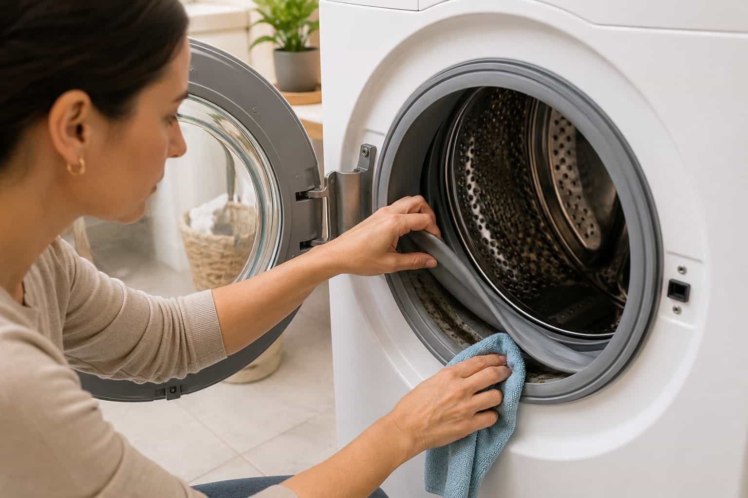 Donna che controlla e pulisce la guarnizione interna della lavatrice per eliminare cattivi odori e residui nascosti.