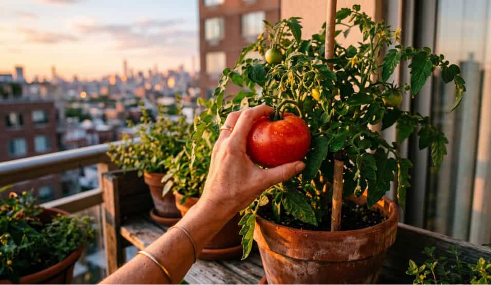 una mano che raccoglie un pomodoro rosso enorme e perfetto da una pianta sul balcone