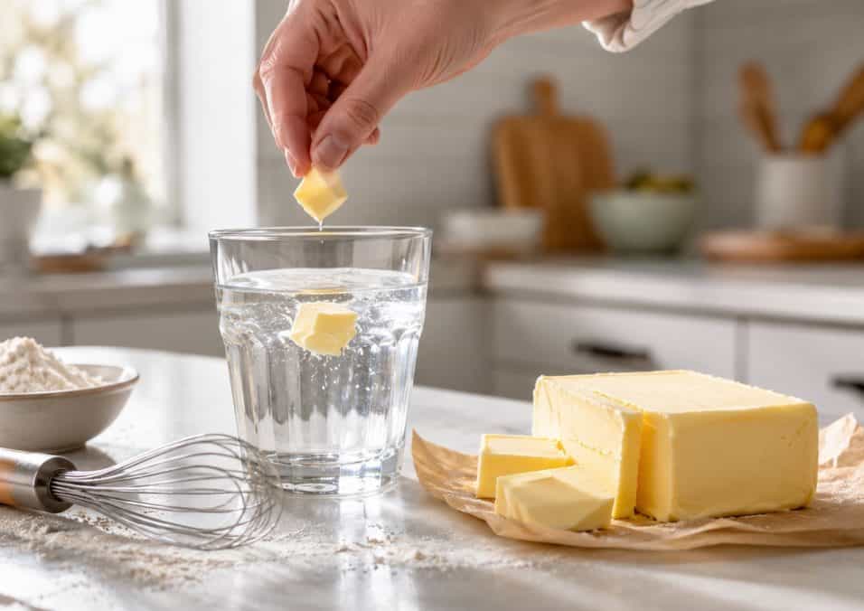 Mani che immergono un piccolo pezzo di burro in un bicchiere d’acqua fredda su un piano da cucina, con ingredienti per dolci sullo sfondo.