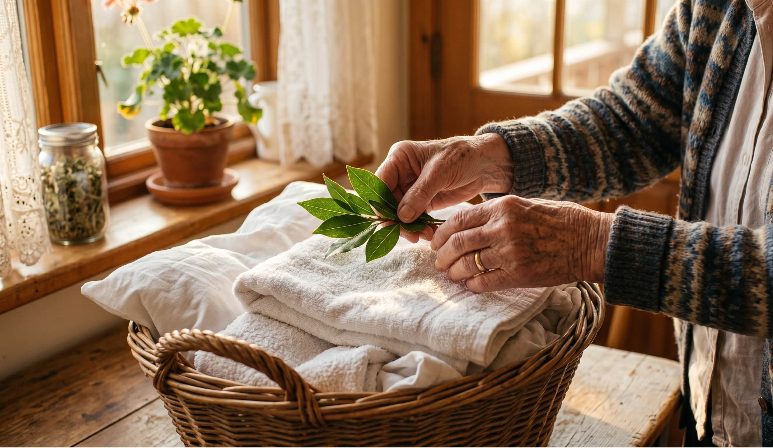 mani rugose e sapienti di una nonna che ripone con cura un mazzetto di alloro profumato in un cesto di panni bianchi e puliti