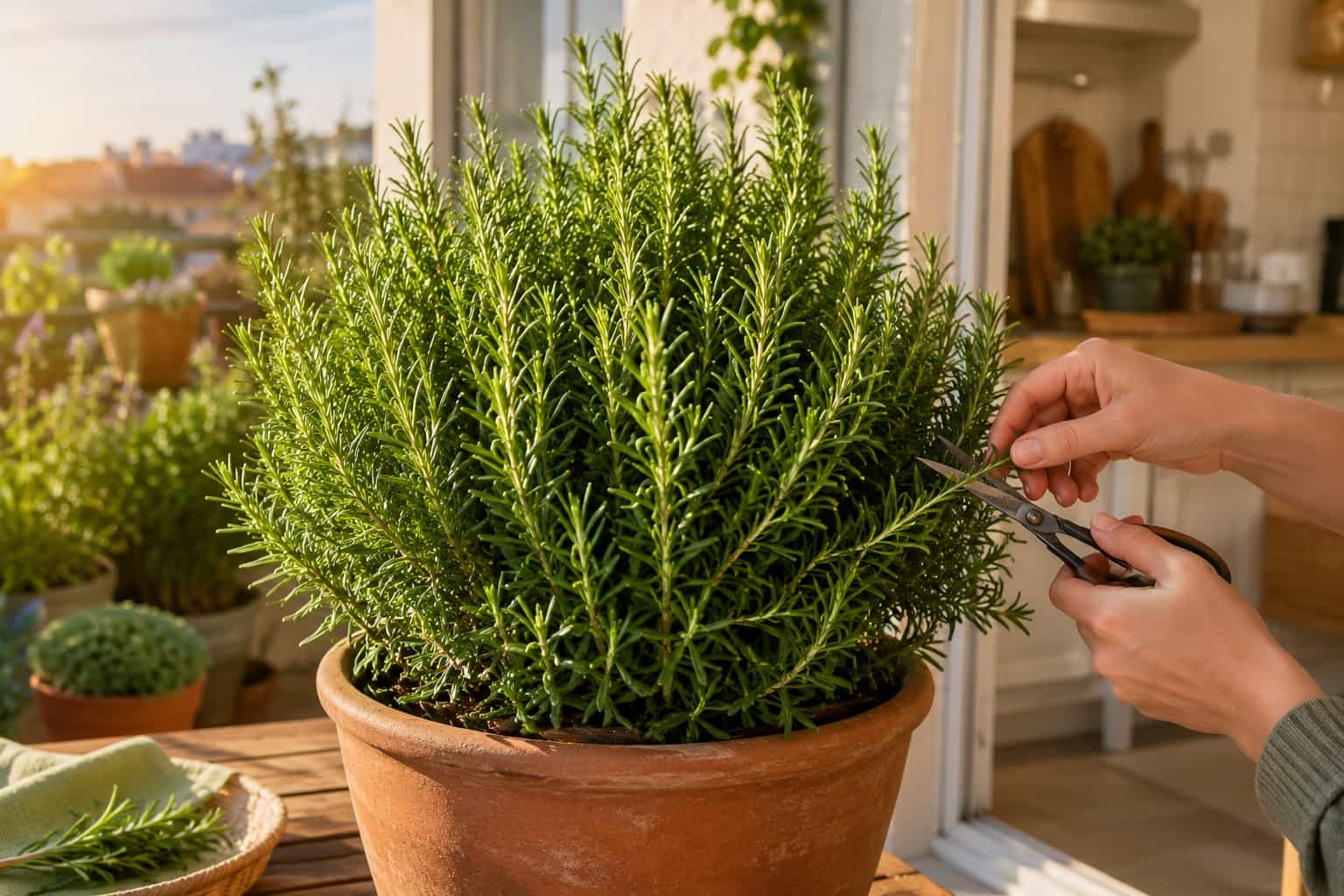 Pianta di rosmarino grande e rigogliosa in vaso di terracotta su un balcone soleggiato, con rami folti e verdi ben potati.