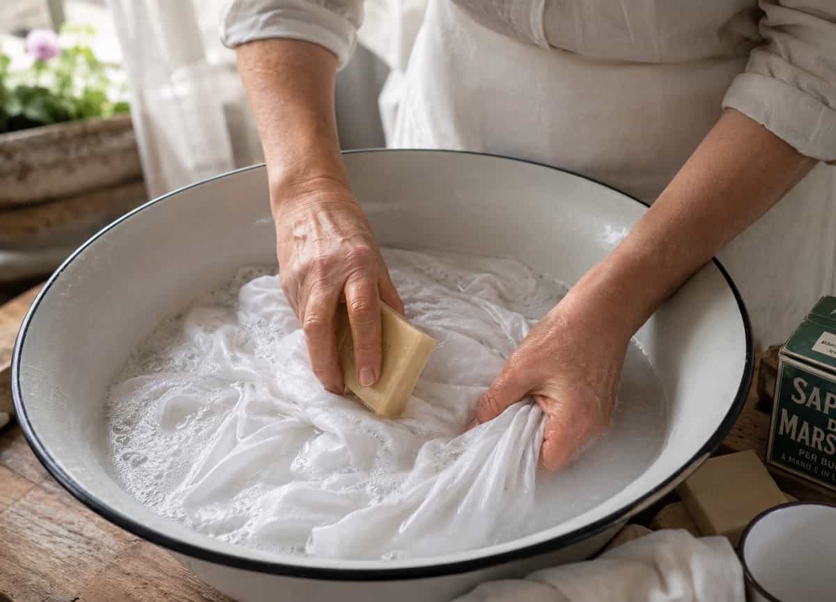 Il gesto che le nonne facevano prima del lavaggio per non far ingrigire i capi bianchi: ammollo, dosi, sapone e procedimento completo.