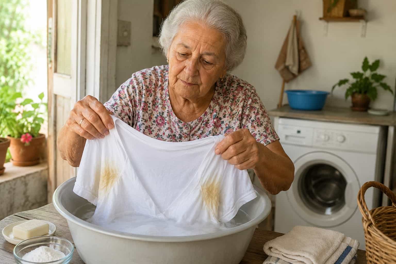 Donna che immerge una maglietta bianca con aloni gialli sotto le ascelle in una bacinella con acqua tiepida, bicarbonato e sapone di Marsiglia.