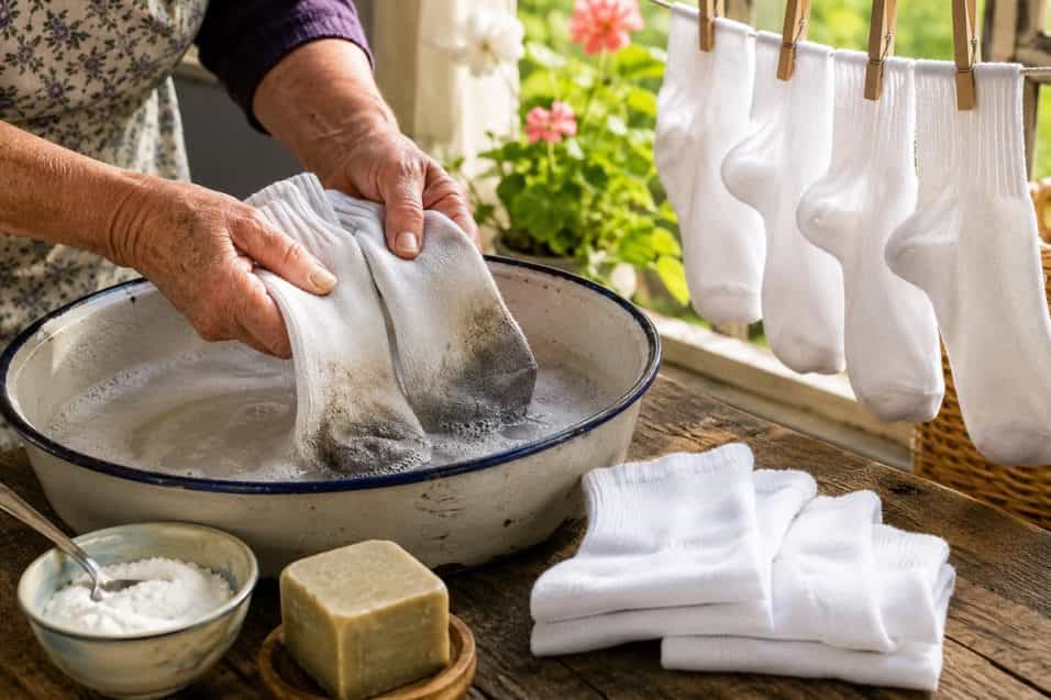 Il metodo della nonna per far tornare bianchi i calzini senza candeggina: ammollo, sapone di Marsiglia, bicarbonato, percarbonato e consigli per ogni tipo di macchia.