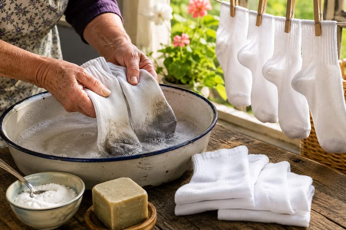 Il metodo della nonna per far tornare bianchi i calzini senza candeggina: ammollo, sapone di Marsiglia, bicarbonato, percarbonato e consigli per ogni tipo di macchia.