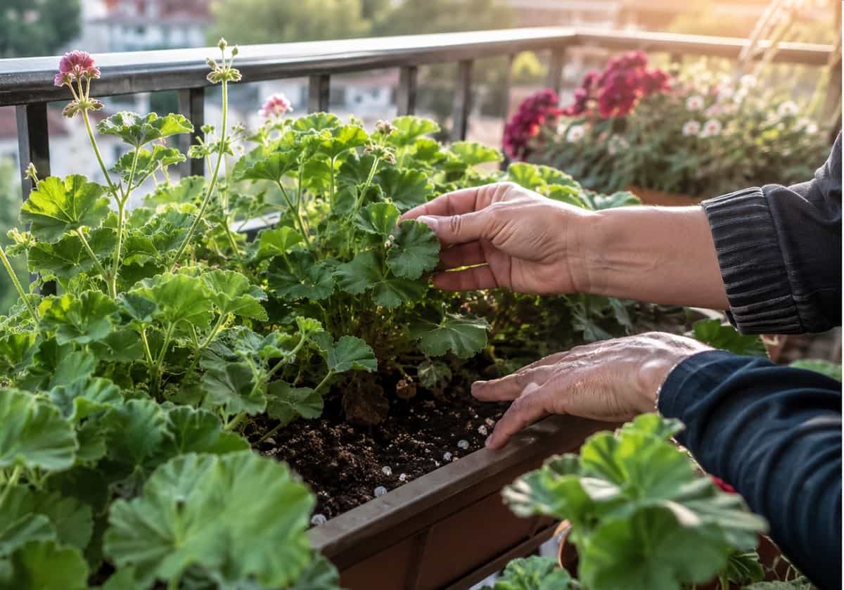 Gerani pieni di foglie ma senza fiori? Scopri gli errori più comuni su luce, acqua, terra e concime che bloccano la fioritura e come correggerli.