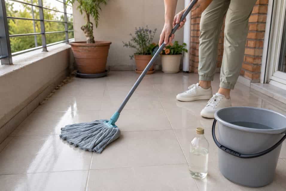 Il vecchio trucco della nonna per lavare il balcone senza lasciare strisce: ingrediente giusto nel secchio, acqua tiepida, dosi corrette e consigli per gres, cotto, marmo e pietra.